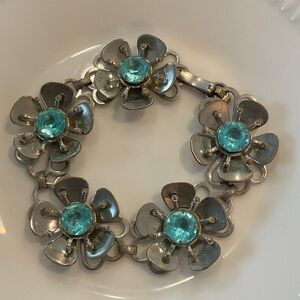 Silver Flower Bracelet with Aqua Blue Crystals - Women Jewelry